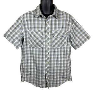 Large White Sierra Mens Grey Green Plaid Button Down Short Sleeve Shirt